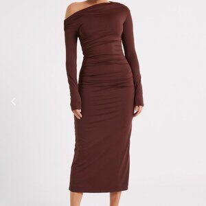 CHRISTABEL Recycled Nylon Ruched Midi Dress - Chocolate